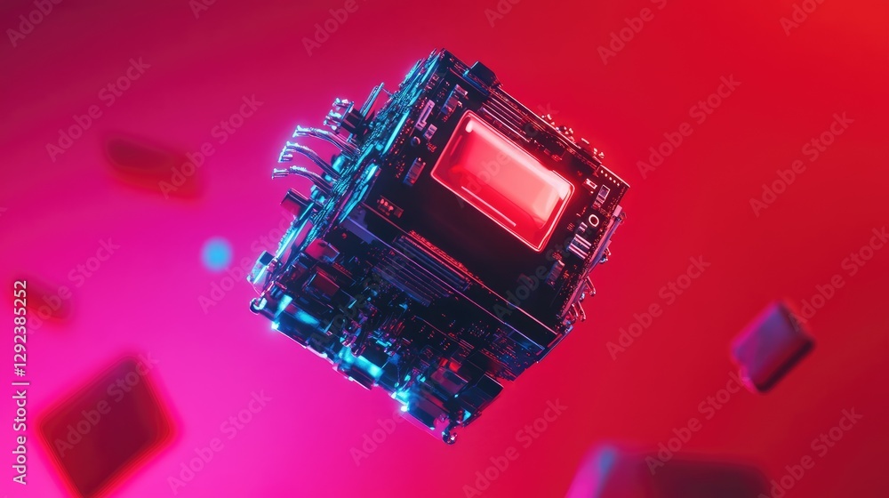 Poster floating high-speed quantum processor on a bold red gradient background, highlighting next-gen ai.