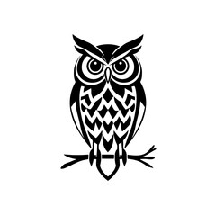A stylized black and white owl illustration, sitting on a branch, detailed graphic design.