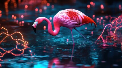 A pink flamingo stands in water surrounded by decorative lights