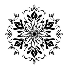 Ornate Black and White Mandala Flower, symmetrical leaf and petal pattern on a white background.