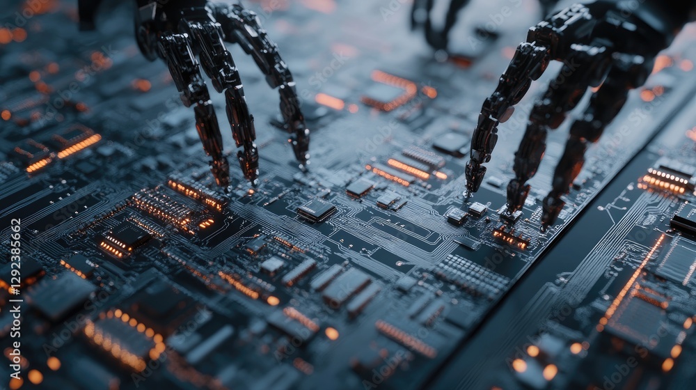 Poster futuristic assembly line featuring synchronized robotic arms working on next-generation circuit boar