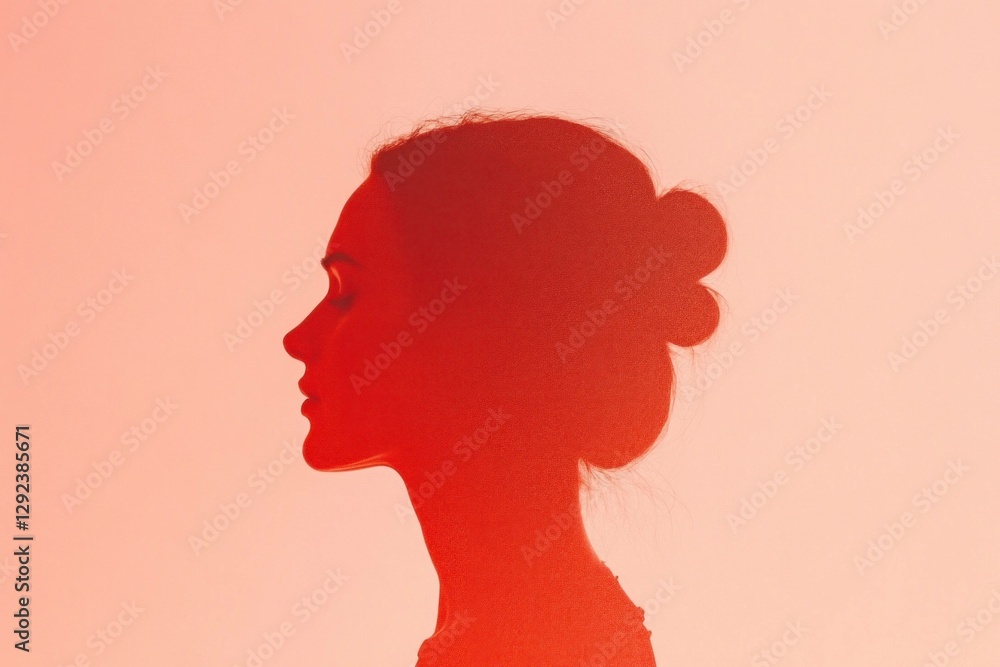 Poster silhouette of a woman with a bun against a soft red gradient background, capturing elegance and tran