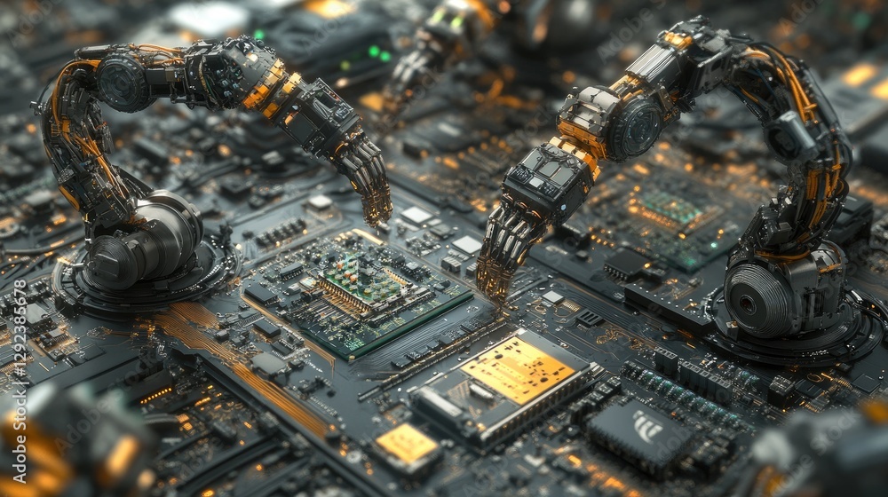 Poster futuristic automated factory where robotic arms are assembling microchip-packed circuit boards at li