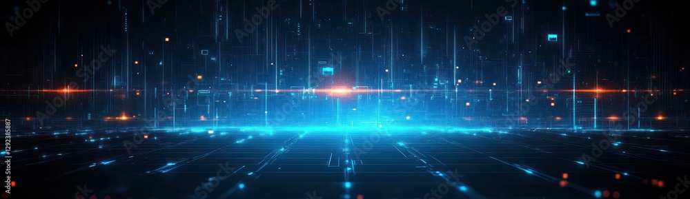 Poster digital network abstract circuit board design with geometric shapes and neon blue light background