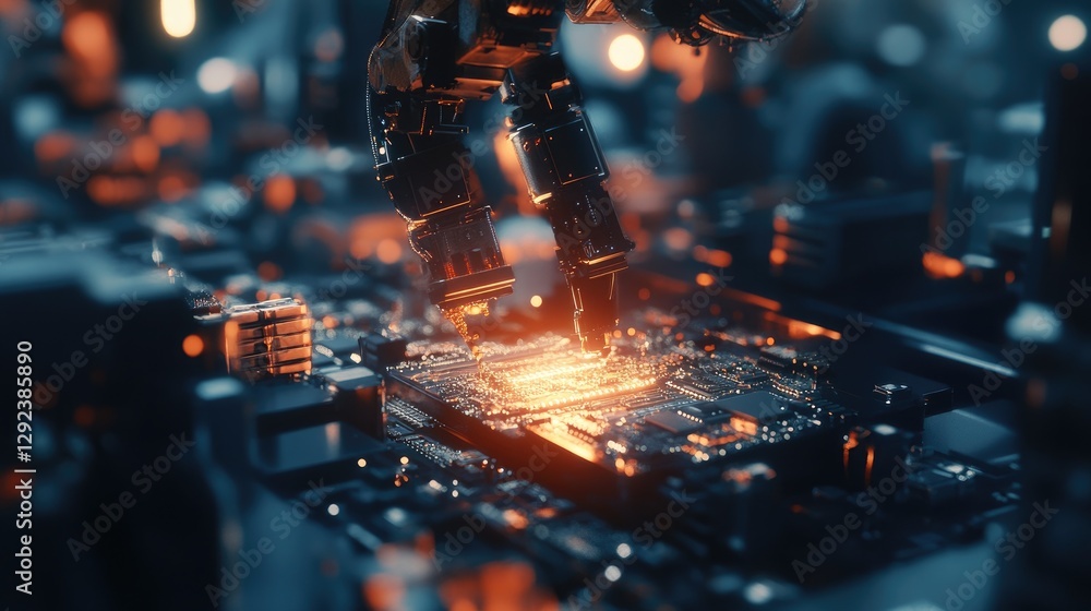 Poster futuristic automated factory where robotic arms are assembling microchip-packed circuit boards at li