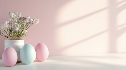 Pastel Easter eggs with a floral arrangement in soft lighting