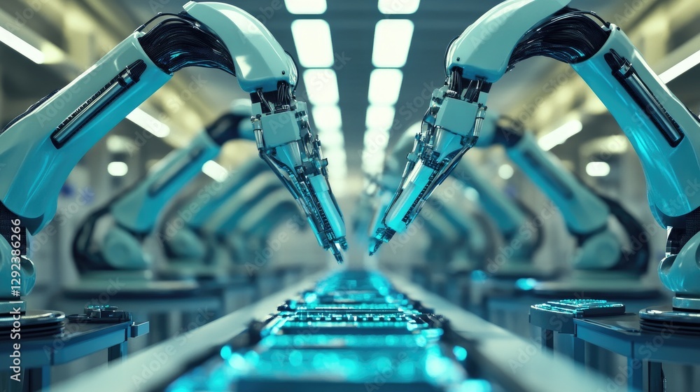 Poster futuristic factory setting where synchronized robotic arms are rapidly producing high-tech circuit b