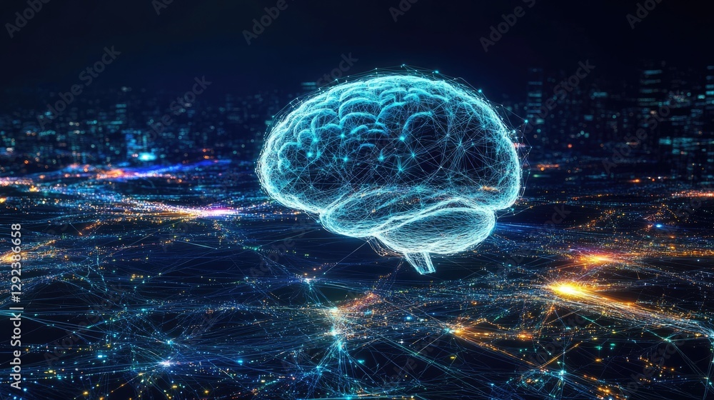 Poster futuristic human brain floating above a quantum computer, connected by glowing data streams.