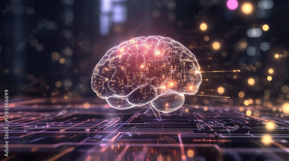 Poster futuristic human brain floating above a quantum computer, connected by glowing data streams.