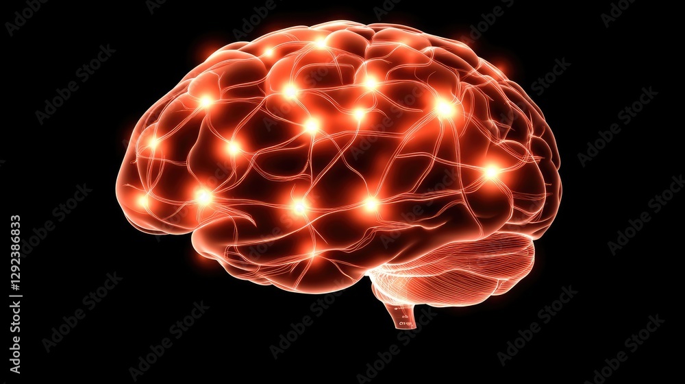 Poster futuristic human brain with glowing neural connections linked to a high-tech computer chip, symboliz