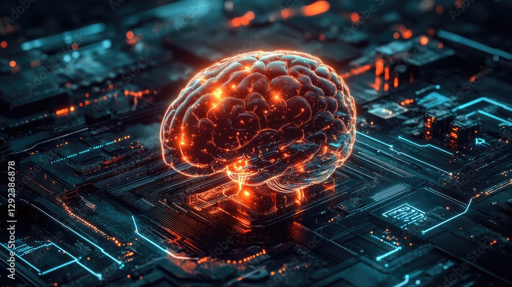 Poster futuristic neuroscience interface with glowing brain synapses linked to a transparent supercomputer.