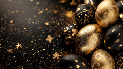 Elegant black and gold Easter eggs with festive glittering details.