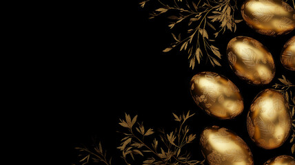 Luxurious golden Easter eggs on dark background