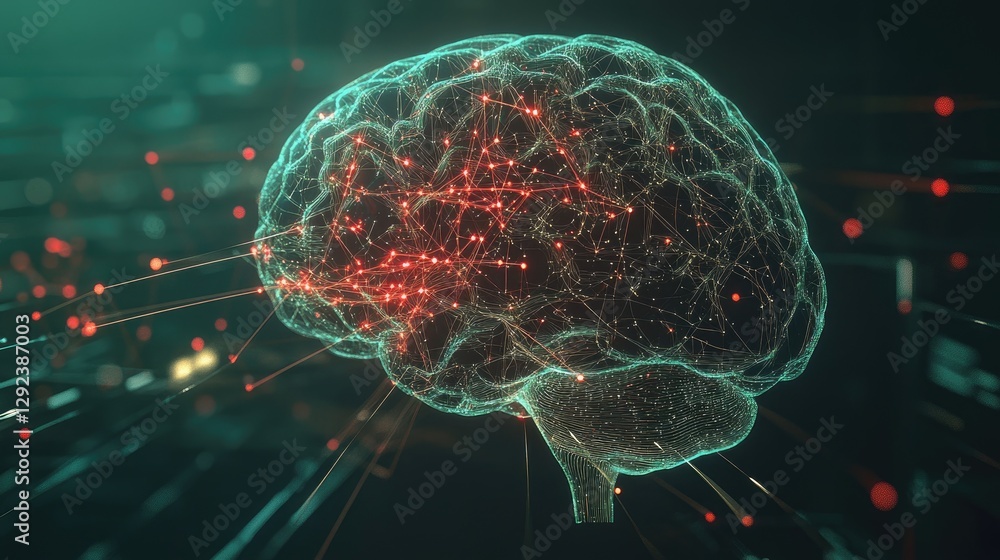 Poster futuristic neuroscience interface with glowing brain synapses linked to a transparent supercomputer.