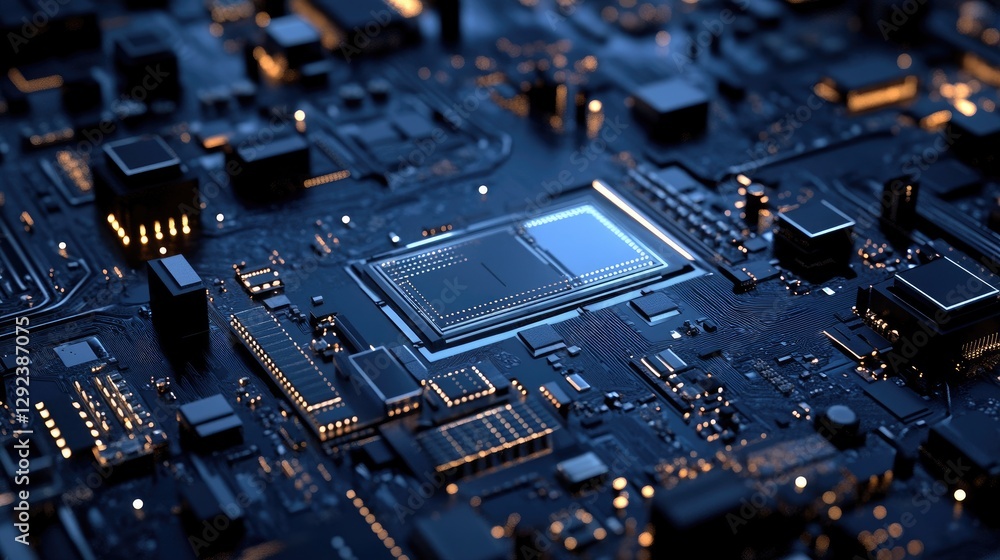 Poster futuristic quantum supercomputer structure on a dark navy background, symbolizing high-performance c