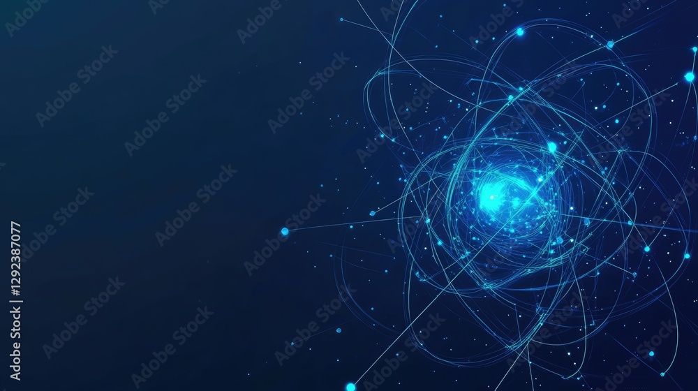 Poster futuristic quantum computer core with glowing circuits on a deep blue background, symbolizing next-g