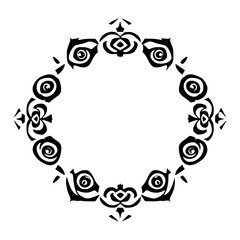 Elegant stylized grayscale image of a floral wreath, the focal point being the central oval, with the overall mood being a stylized arrangement of roses.