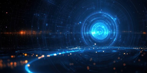 Obraz premium Futuristic Digital Landscape with Geometric Shapes, Glowing Lights, Abstract Technology and Circuit Board Elements