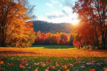 Stunning vibrant autumn foliage in rural Vermont rolling hills