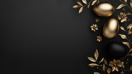 Elegant gold Easter eggs with floral decoration on black background