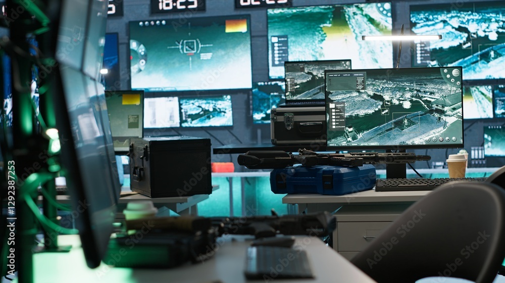 Poster empty army command center housing operational missile defense system designed to intercept and destr
