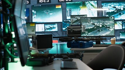 Empty army command center housing operational missile defense system designed to intercept and destroy ballistic missiles. Armed forces headquarters used for tracking rockets using radar systems