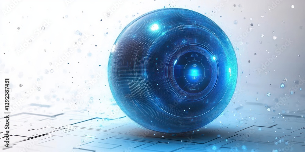 Poster futuristic digital technology sphere in minimalistic design with geometric patterns and ambient ligh