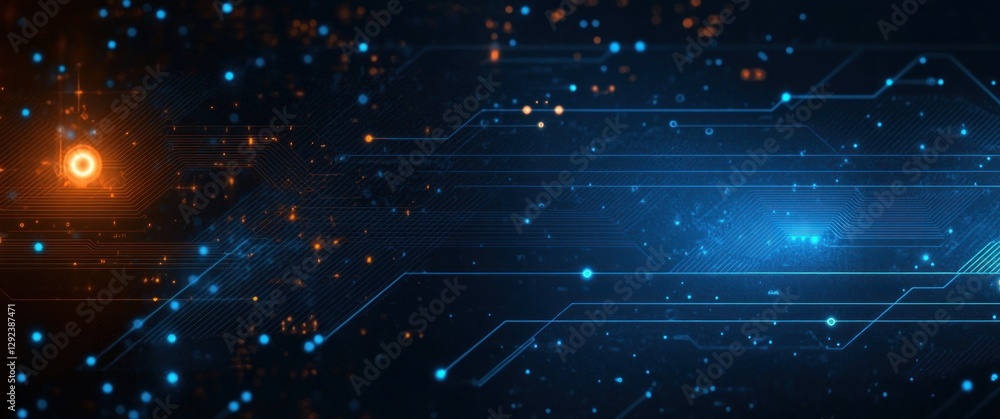 Poster futuristic cyberpunk circuit board with glowing blue patterns and dynamic composition in dark backgr