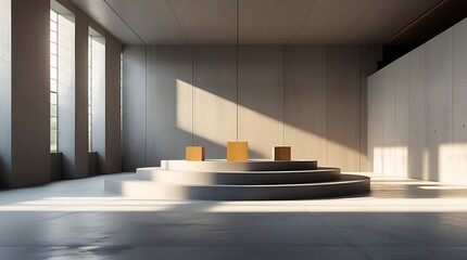 A contemporary minimalist exhibition space featuring a geometric podium, large floor-to-ceiling windows, and soft natural light. Elegant architectural design with neutral tones and clean lines

