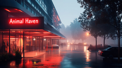 Obraz premium Hyper realistic night scene of modern building with neon lights in rainy urban setting