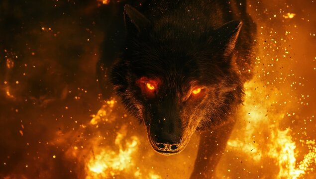 Enigmatic canine figure emerges from fiery vortex with intense gaze a powerful spectacle