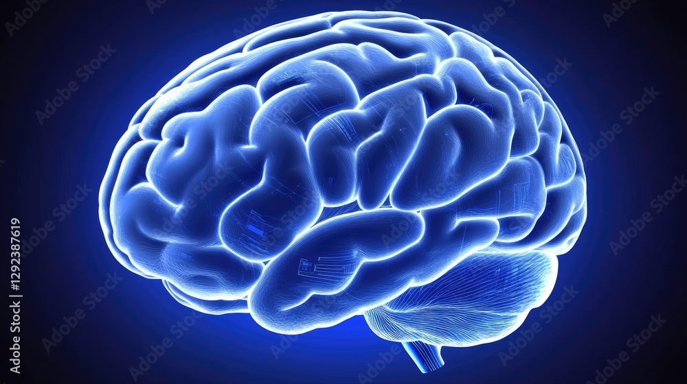 Poster glowing blue human brain with data streams connecting to an advanced quantum processor, symbolizing 