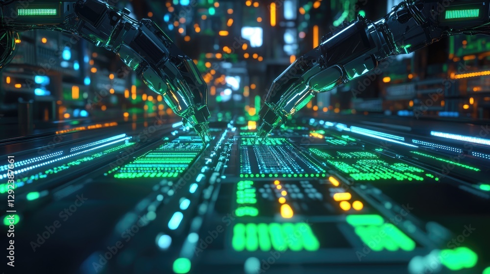 Poster glowing circuit boards move along a production line as robotic arms rapidly install components in a 