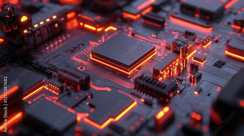 Poster glowing circuit boards move along a production line as robotic arms rapidly install components in a 