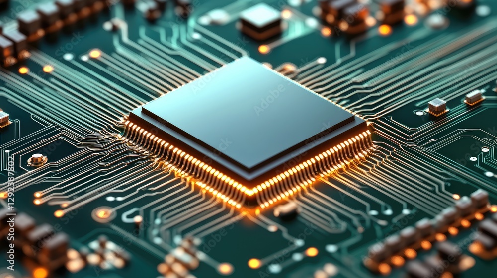 Poster glowing futuristic quantum circuit board on a solid bright green background, symbolizing advanced co