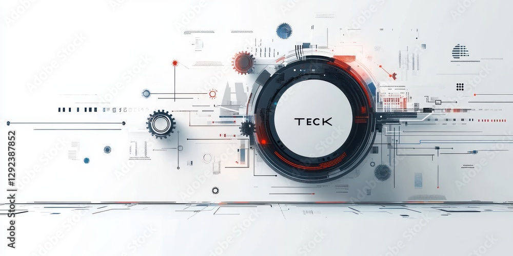 Poster minimalist tech illustration with abstract gears and lines in white background for digital technolog
