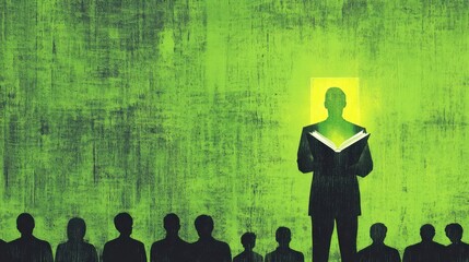 Abstract representation of a speaker illuminated by knowledge while a captivated audience listens intently, showcasing the power of learning and enlightenment in a vibrant green background.