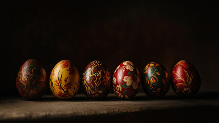 Painted Easter eggs with vintage floral designs on a dark rustic background