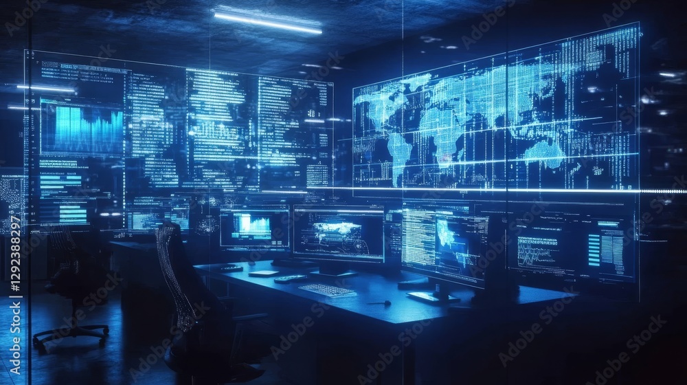 Poster In a futuristic control room, analysts observe dynamic data streams and heat maps under calming blue lighting, creating a sophisticated atmosphere that enhances their work environment