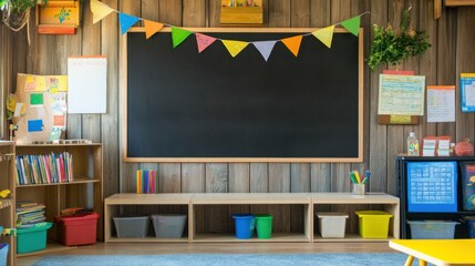 Bright and Inviting Classroom Environment with Colorful Decorations and Organized Shelves Featuring a Chalkboard and Storage Bins Perfect for Learning Activities