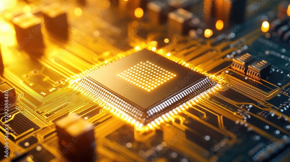 Poster glowing qubit processor with futuristic lights on a bright yellow background, symbolizing rapid calc