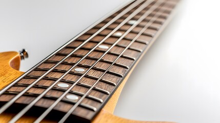 Finely tuned bass guitar showcase studio environment close-up photography wood grain detail