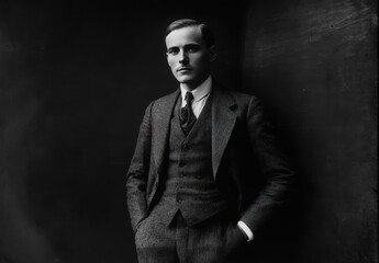 Obraz premium A man in a suit and tie stands in front of a black background