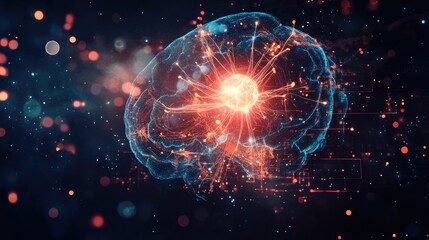 Glowing neurons from a cybernetic brain transmitting data into a futuristic processor, symbolizing machine learning.