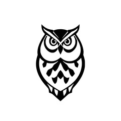 Black and White Minimalist Illustration of an Owl with Large Eyes and a Simple Composition, Set Against a White Background.