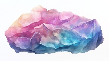 A colorful, watercolored depiction of a crystal-like rock with vibrant hues of pink, blue, and purple, showcasing its textured surface.