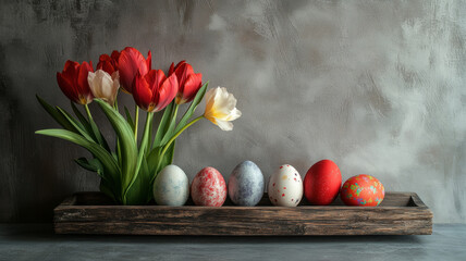 Tulips and painted eggs on rustic wooden background with natural light