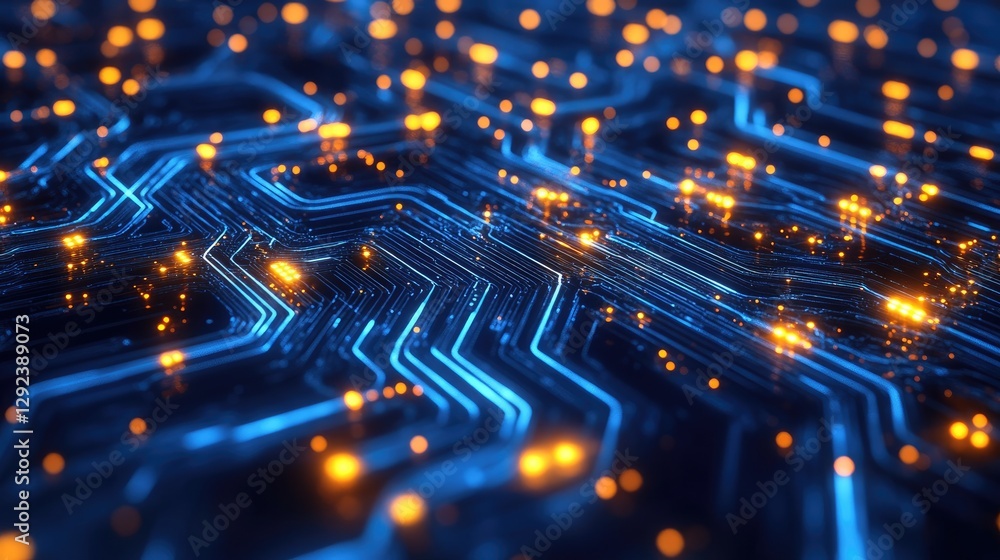 Poster golden quantum circuits floating on a high-contrast deep blue gradient background, representing comp