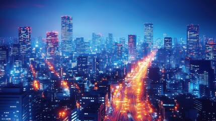 Fototapeta premium Night city highway, aerial, vibrant, futuristic, background