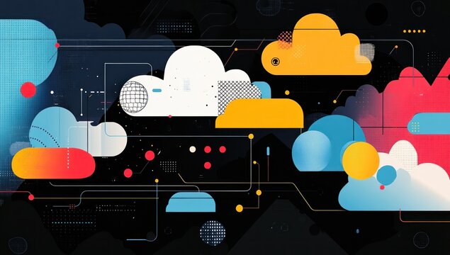 Abstract cloud computing with network connections and colorful geometric shapes on a dark backdrop